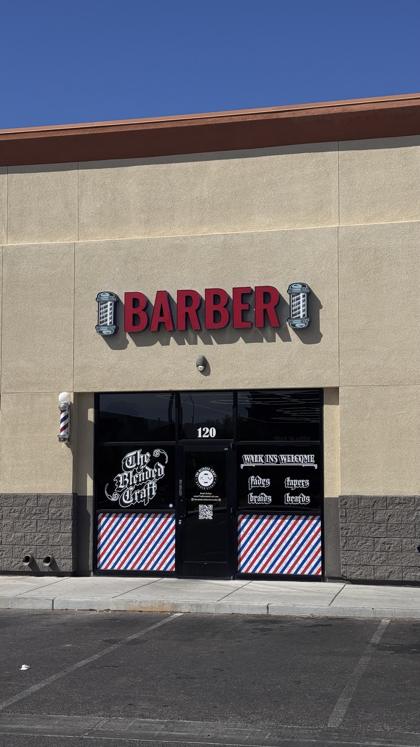 Blended Craft Barber Studio storefront with BARBER sign, Henderson NV