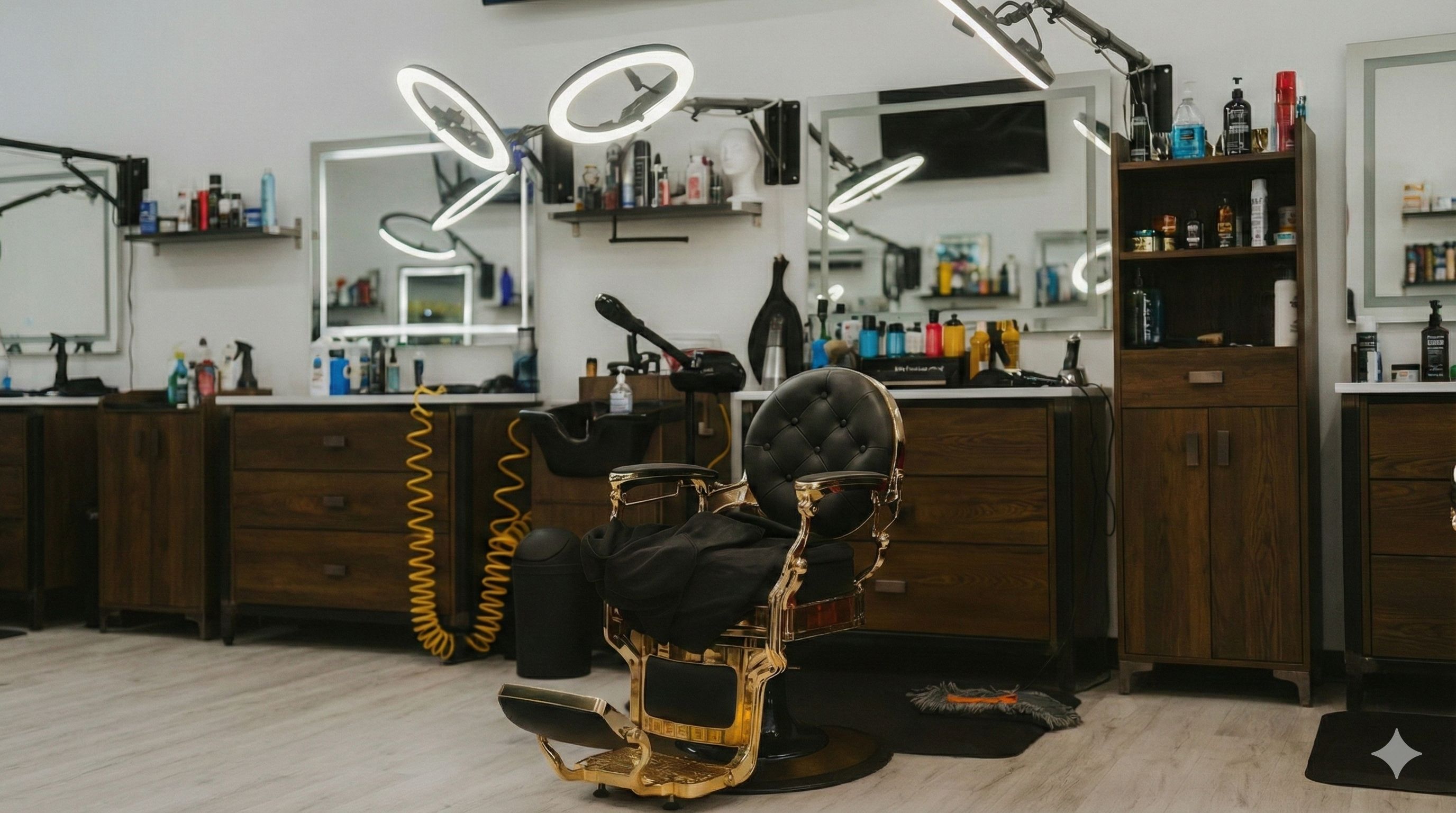 Blended Craft Barber Studio interior with gold-accented barber chair, ring lights, and professional styling stations in Henderson, NV
