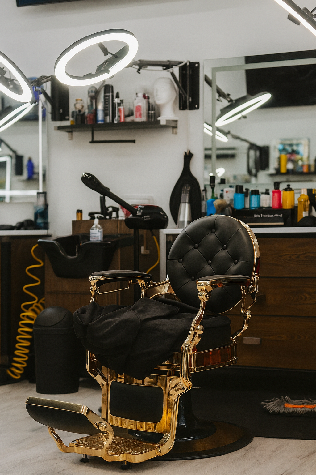 Luxurious black leather barber chair with gold accents at Blended Craft Barber Studio